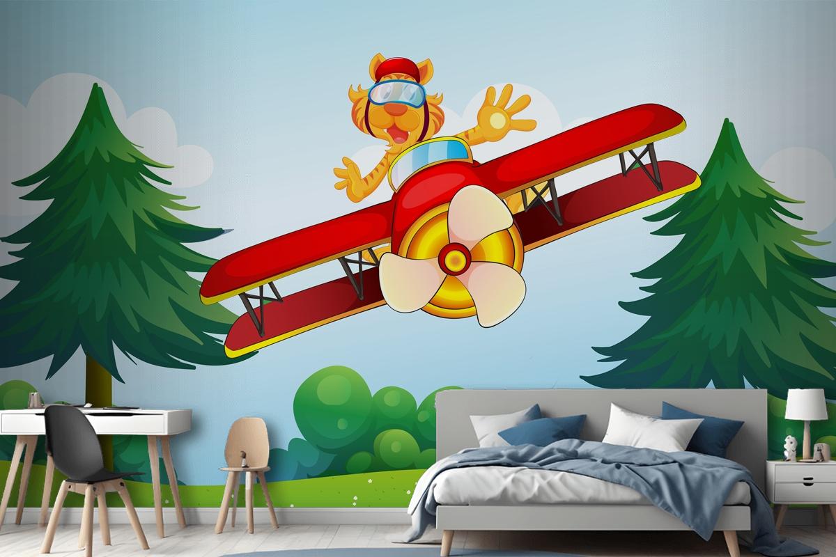 A Boastful Tiger Riding In A Plane Wallpaper Mural