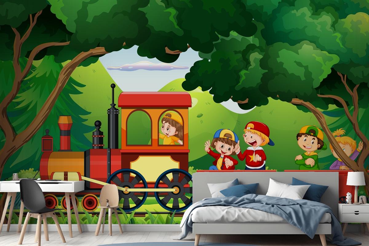 A Kids In A Train With Natural Scene Wallpaper Mural