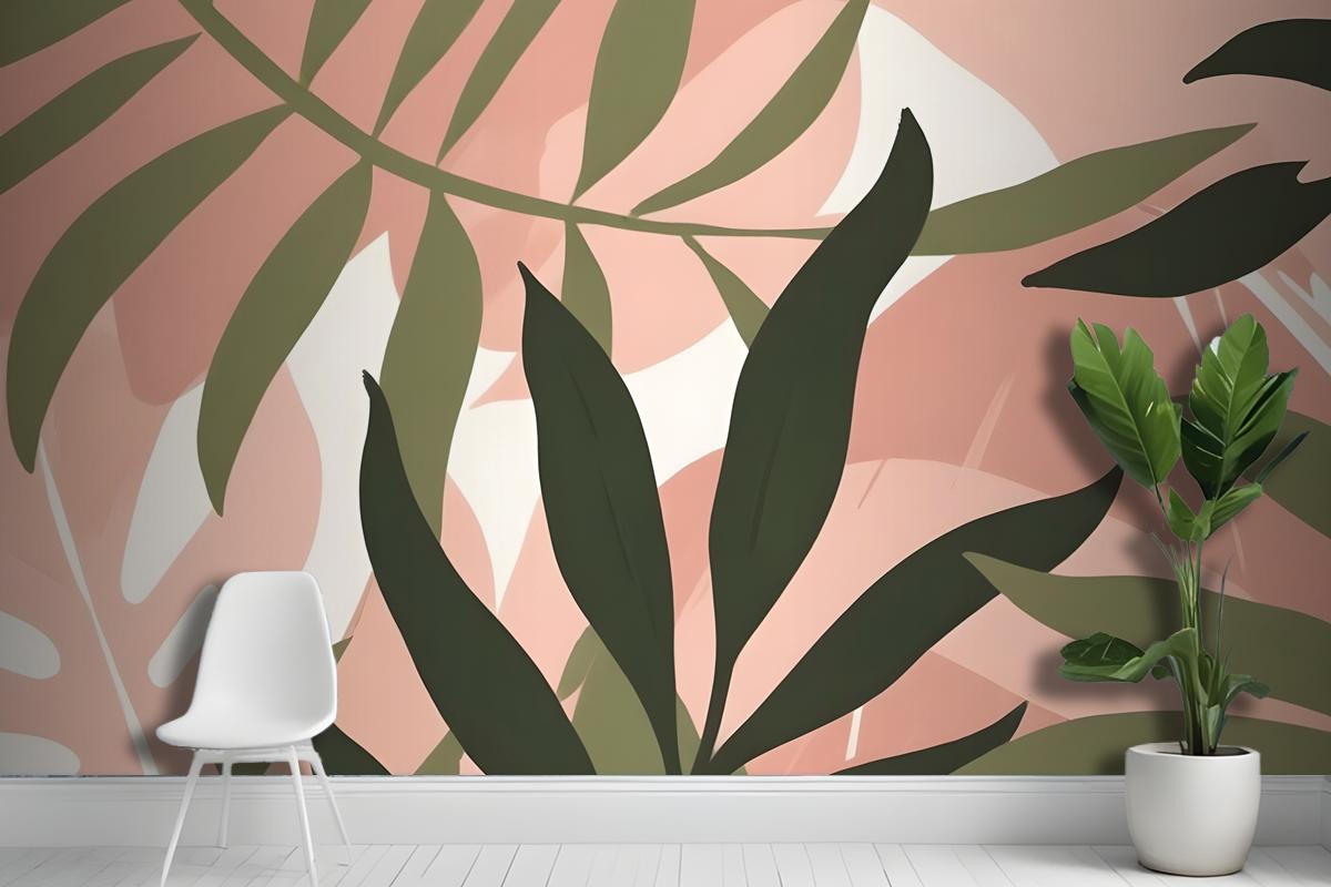 Abstract Tropical Leaves In Shades Of Green And Pink On A Light Wallpaper Mural