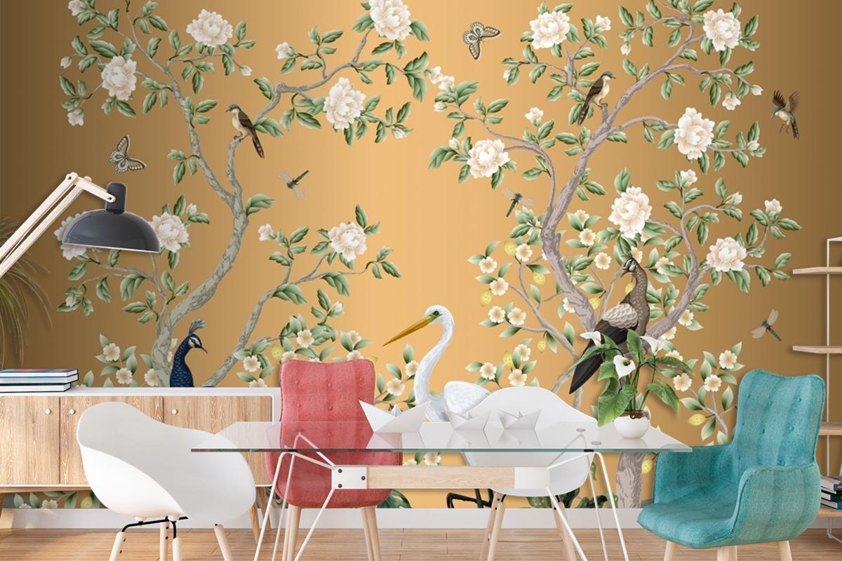 Chinoiserie Mural With Peacocks And Flowers Trees Wallpaper Mural