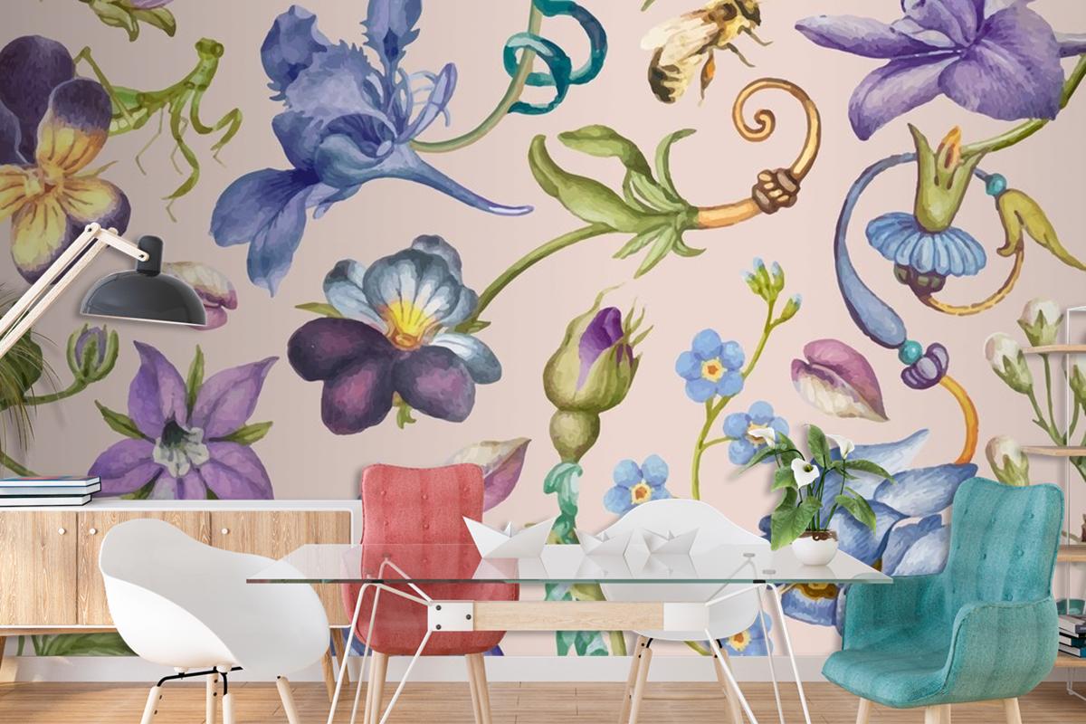 Aesthetic Purple Floral Pattern On Pink Background Wallpaper Mural