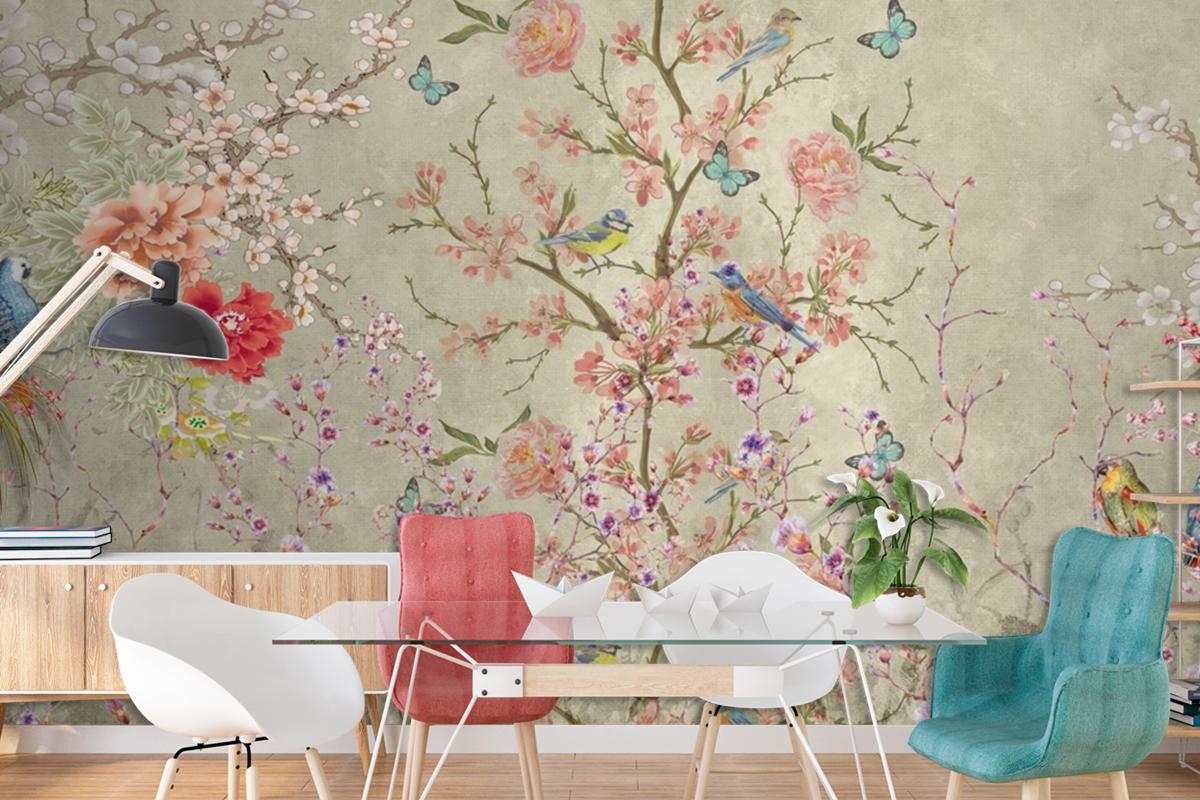 Whimsical Birds Blooms A Dance of Nature's Delicacy Wallpaper mural