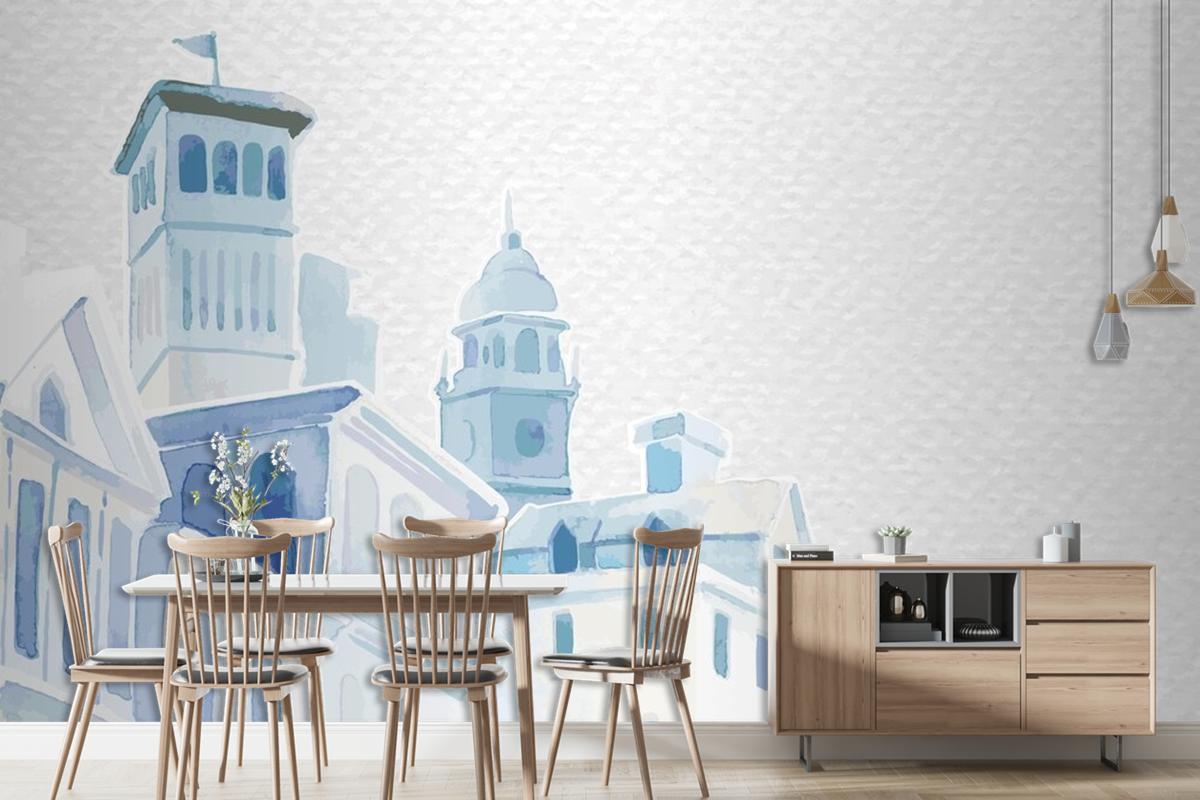 Architectural Mediterranean Buildings In Watercolor On White Paper Textured Living Room Wallpaper Mural
