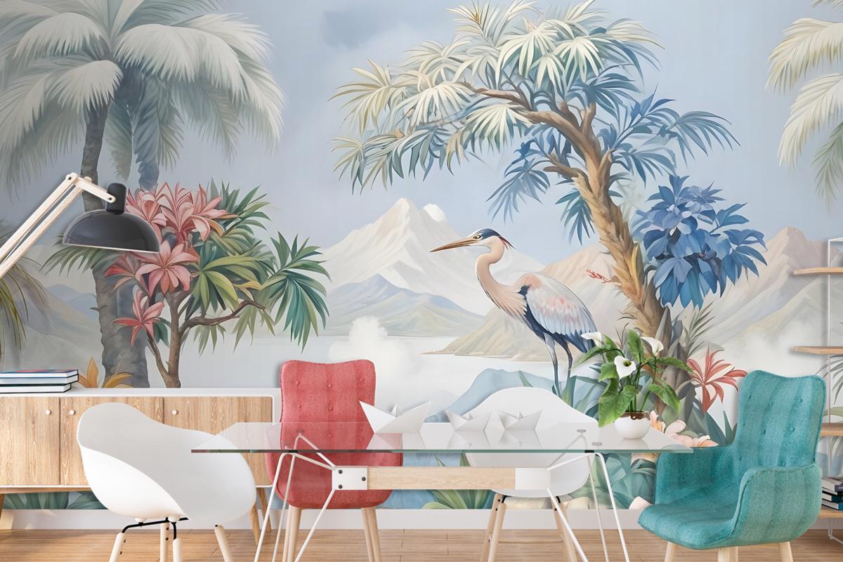 Art Painting Colorful Landscape With Heron Birds Wallpaper Mural