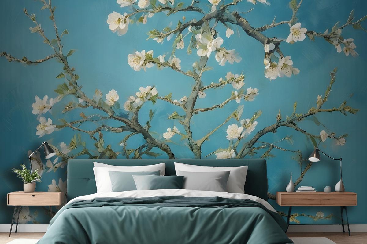 Blooming Almond Tree Branches Against A Blue Sky Wallpaper Mural