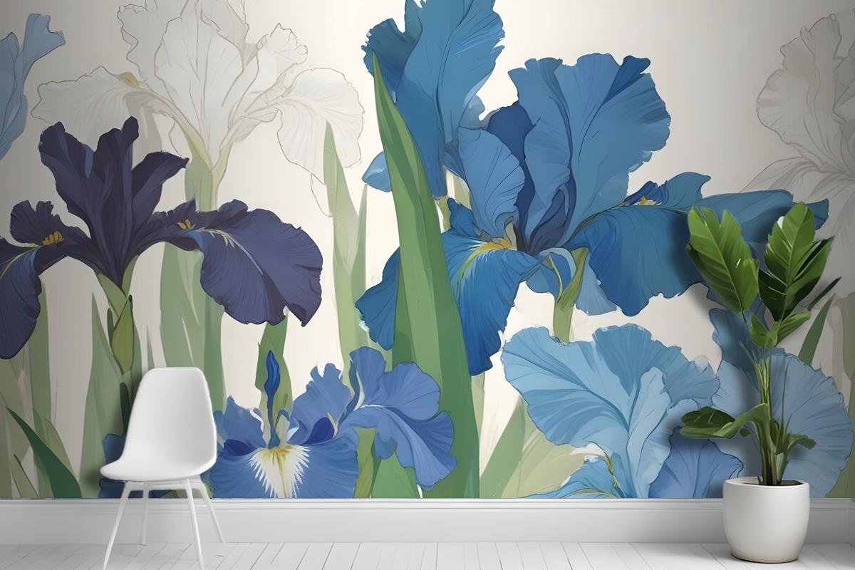 Blue And White Irises With Green Leaves Against A Light Wallpaper Mural