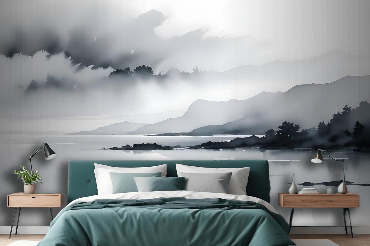 Blue Gray Watercolor Lake Landscape Wallpaper Mural