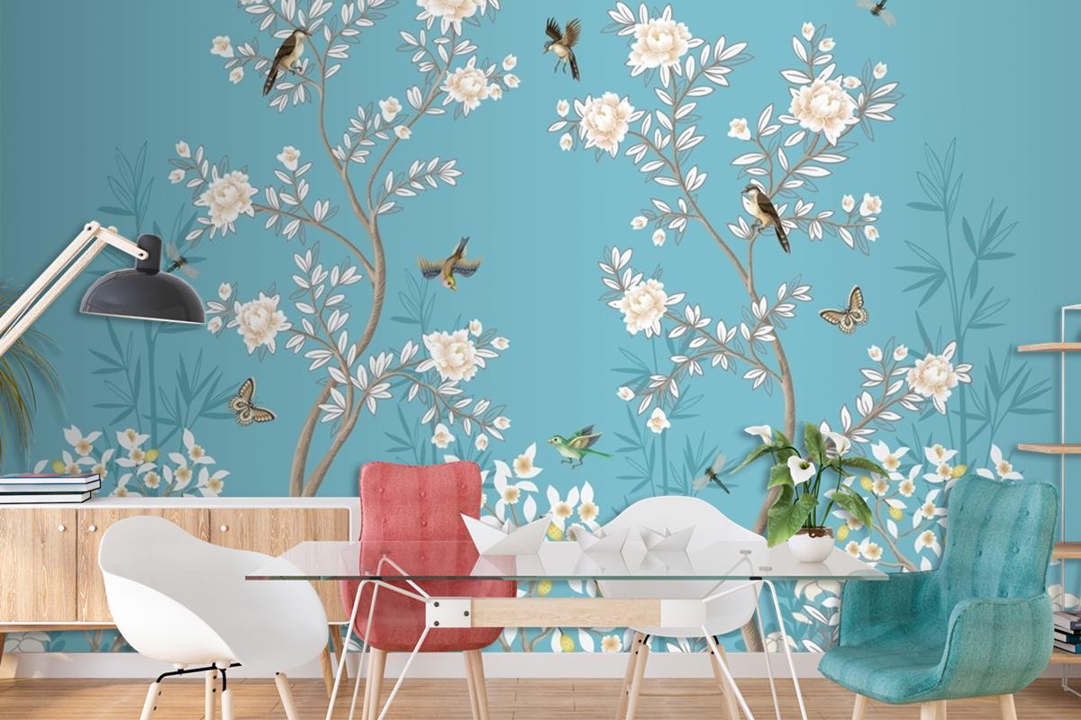 Chinoiserie Mural With Peonies And Birds Wallpaper Mural