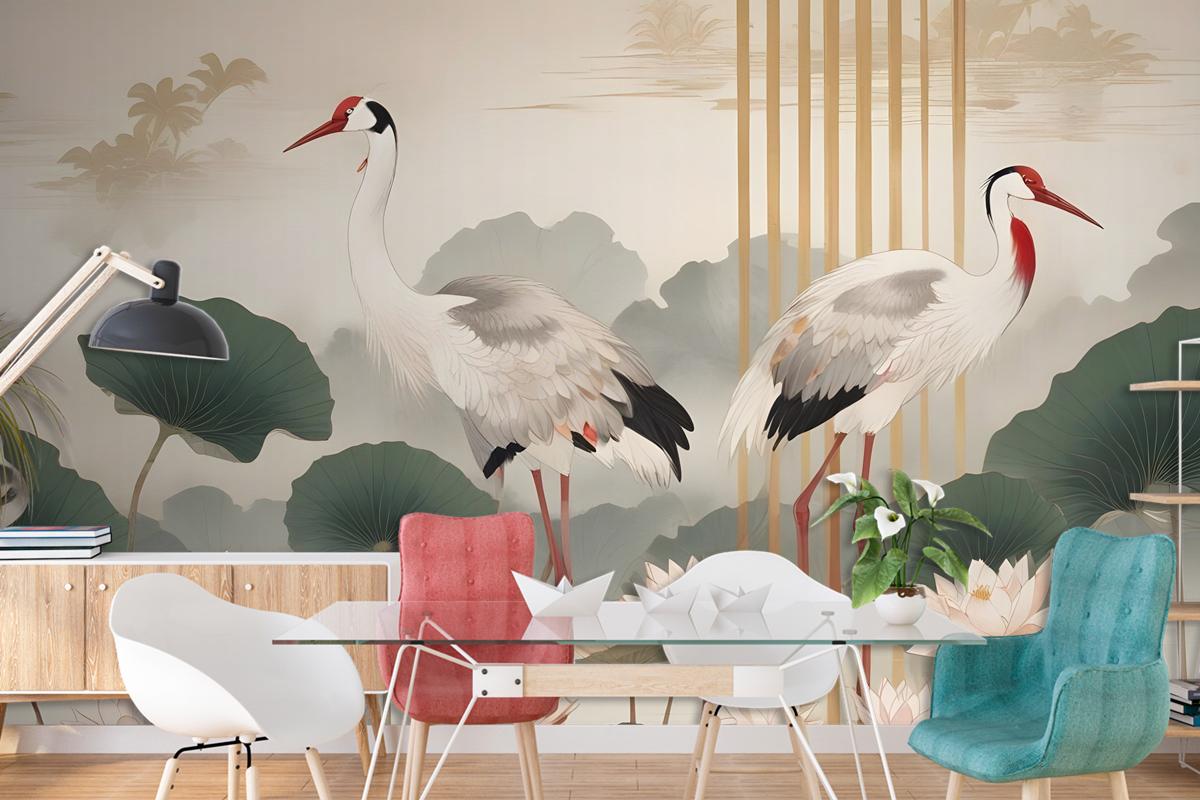 Chinese Crane Birds With Lotus Florals Bedroom Wallpaper Mural