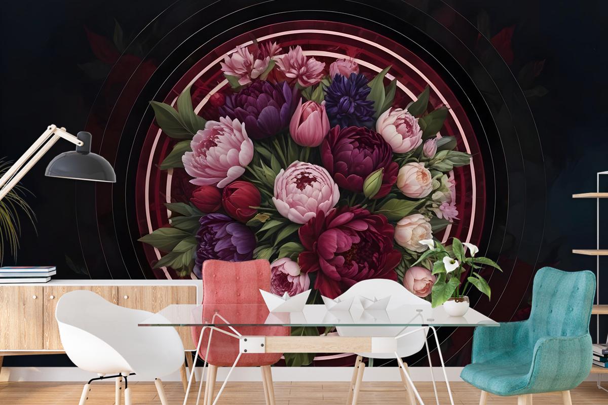 Circle Dark Floral Bedroom Wallpaper Mural
