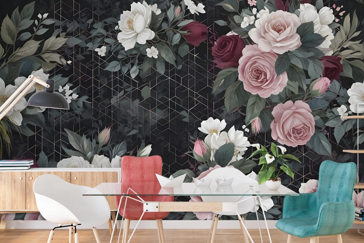 Colorful Floral With Dark Geometric Pattern Bedroom Wallpaper Mural