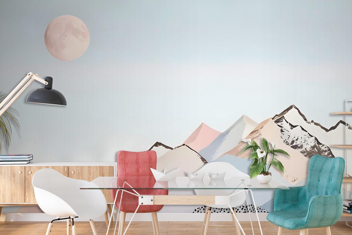 Colorful Mountain With Pink Moon Wallpaper Mural