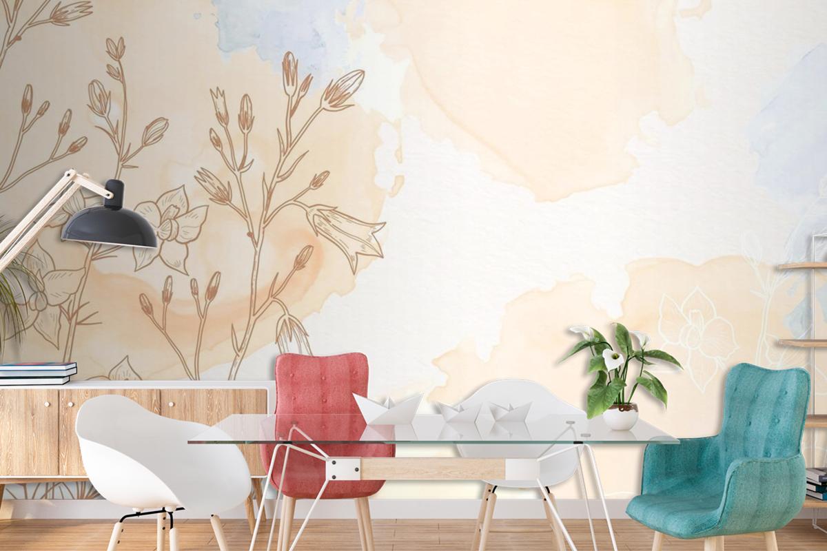 Cream Powder Pastel With Hand Drawn Flowers Background Wallpaper Mural