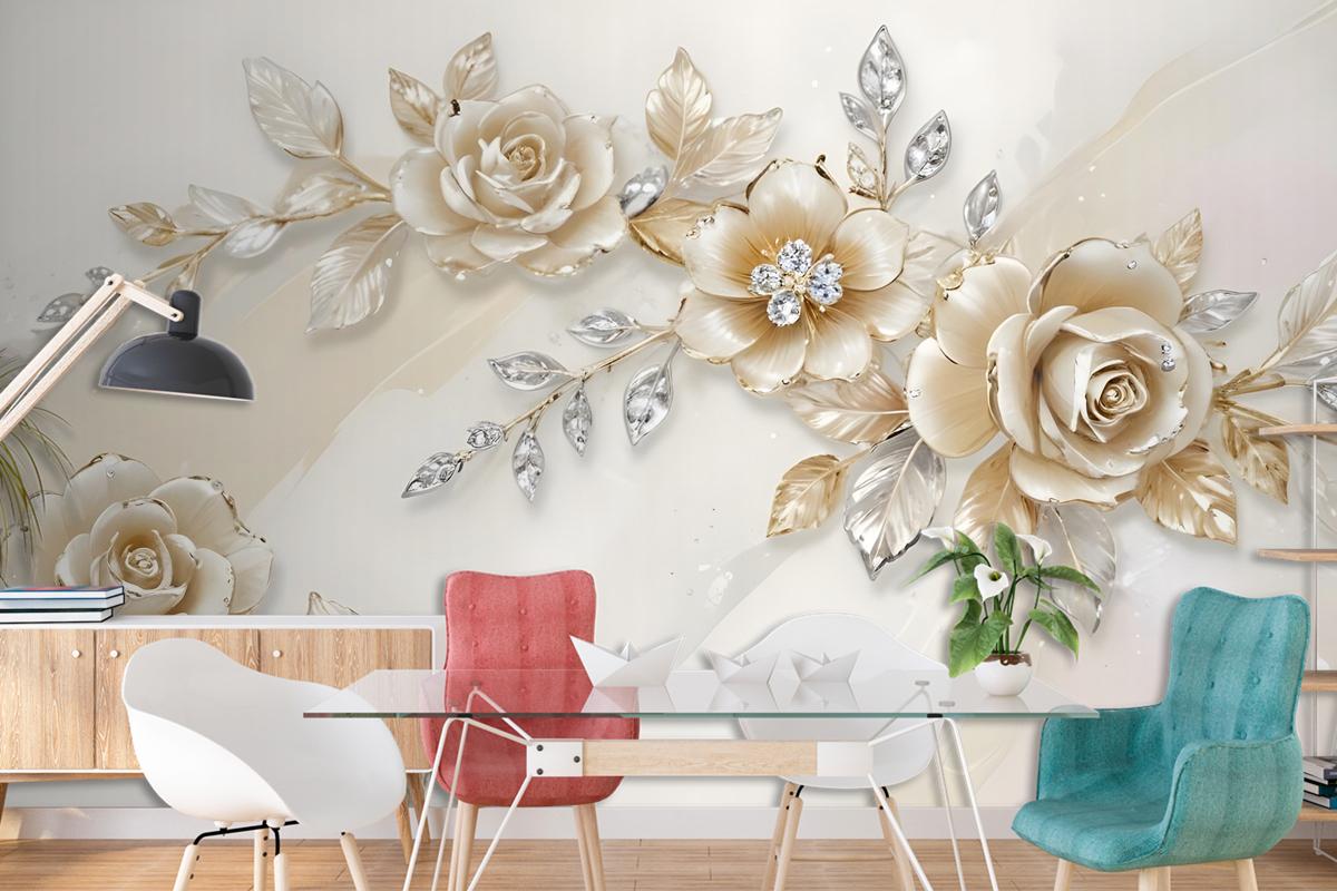 Cream Swarovski Rose Floral Bedroom Wallpaper Mural