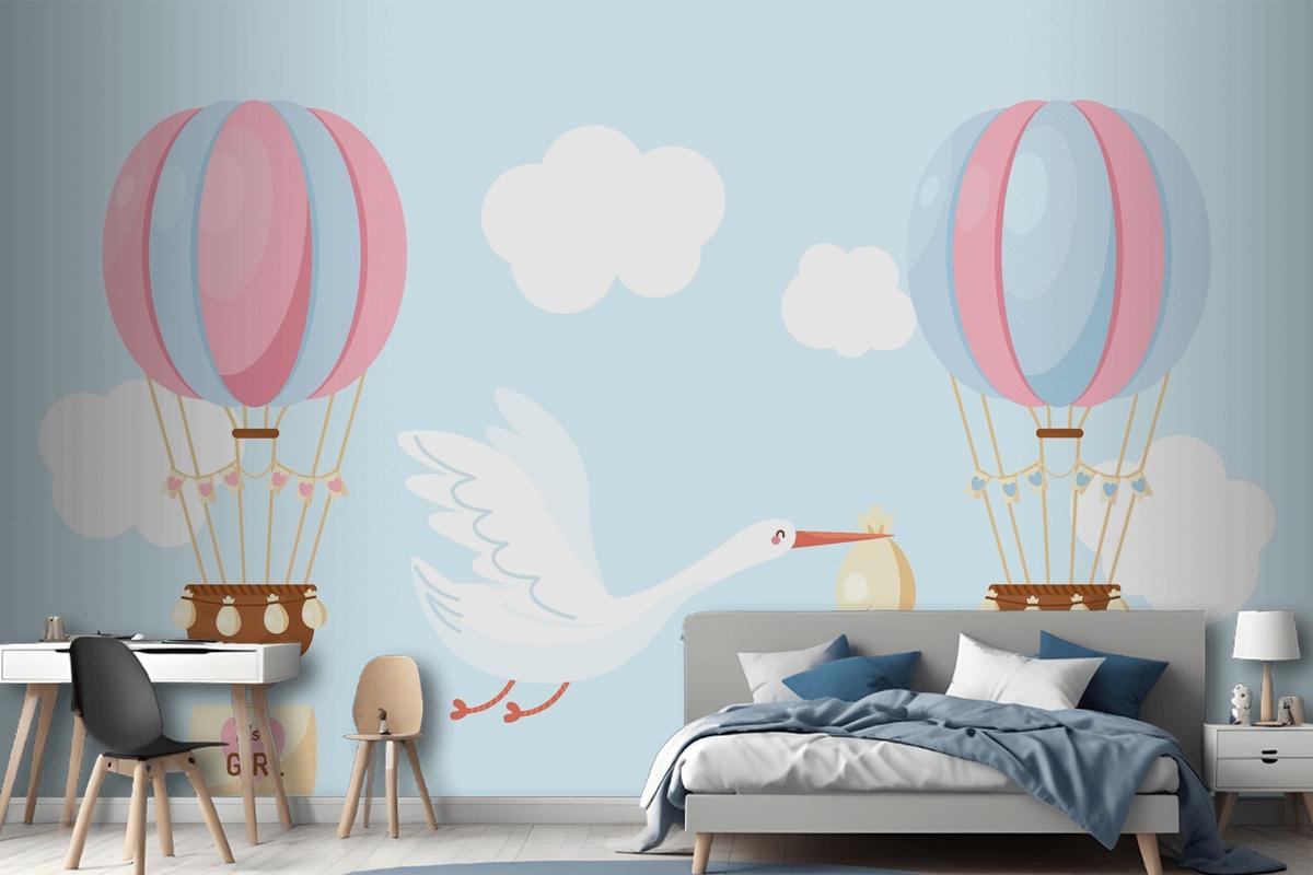 Cute Flat Design Blue Pink Balloon Wallpaper Mural