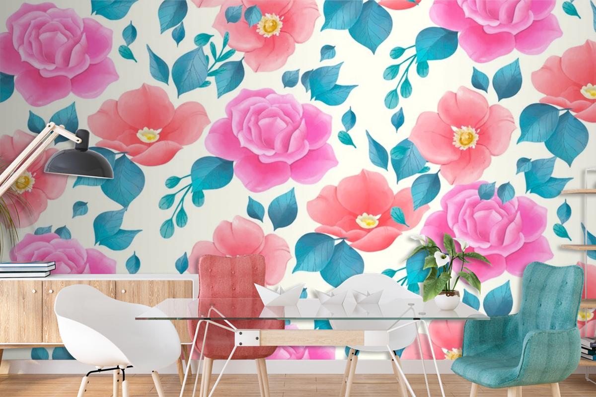 Cute Watercolor Floral Pattern With Rose Flowers Wallpaper Mural
