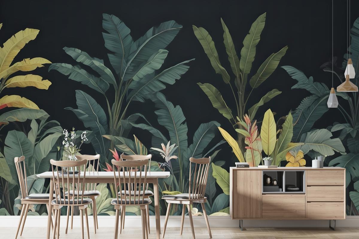Dark Background Large Green Leaves Banana Plants Colorful Flowers Wallpaper Mural