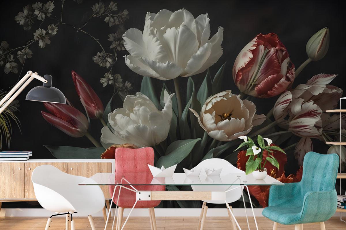 Dark Floral Dutch Bouquet With Tulips Bedroom Wallpaper Mural