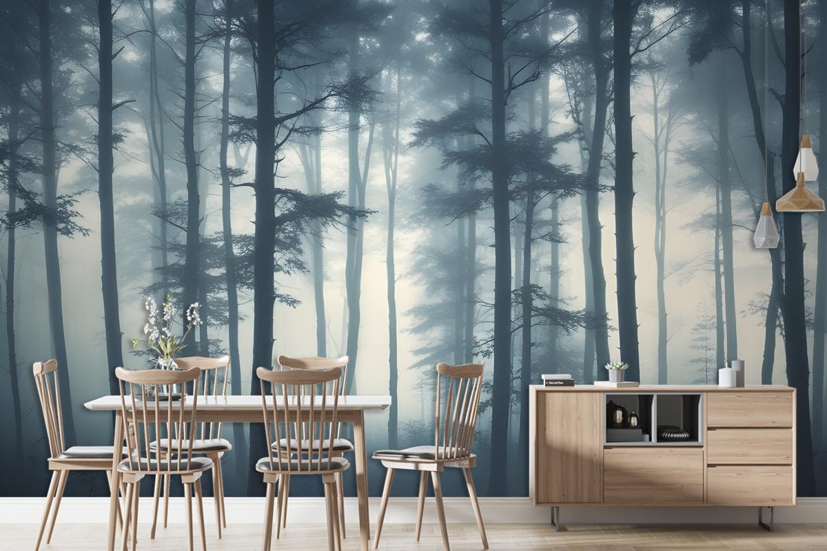 Dense Misty Forest With Tall Slender Trees And A Foggy Atmosphere Wallpaper Mural