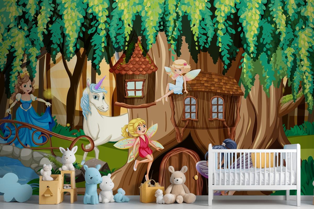 Fantasy Forest With Fairies And Unicorn Wallpaper Mural