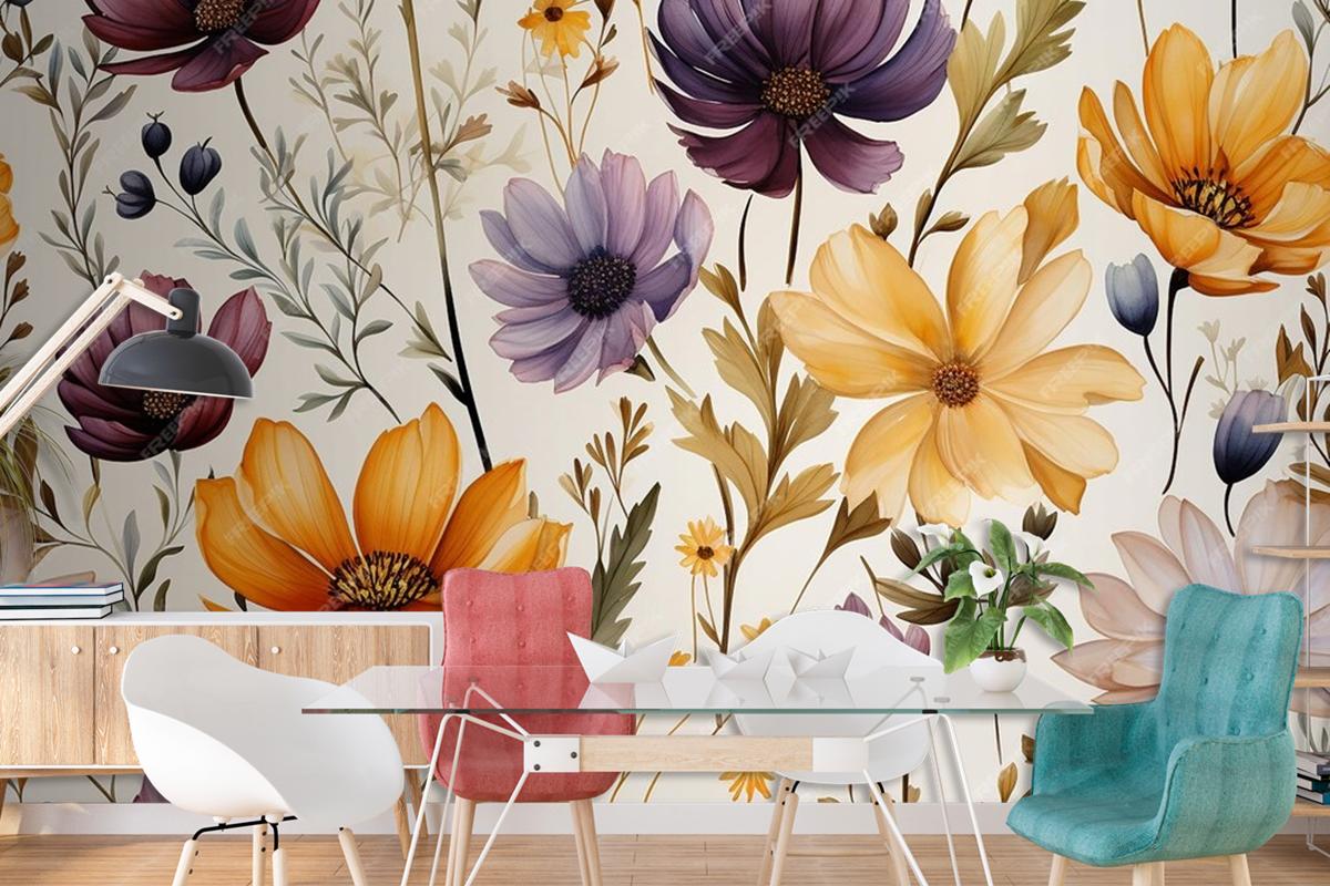 Floral Frame Background With Wildflowers Watercolor Wallpaper Mural