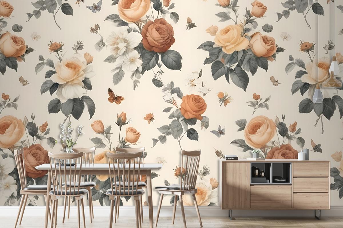 Floral Pattern With Various Types Of Roses Wallpaper Mural