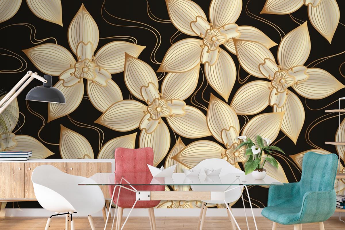 Gradient Golden Linear Background With Elegant Flowers Wallpaper Mural