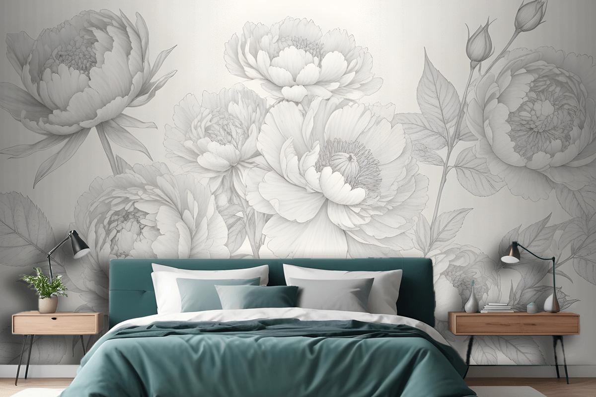 Gray Large Illustrated Roses Wallpaper Mural