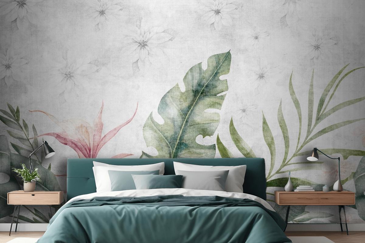 Green Branches Tree Leaves On Drawing Gray Bedroom Wallpaper Mural