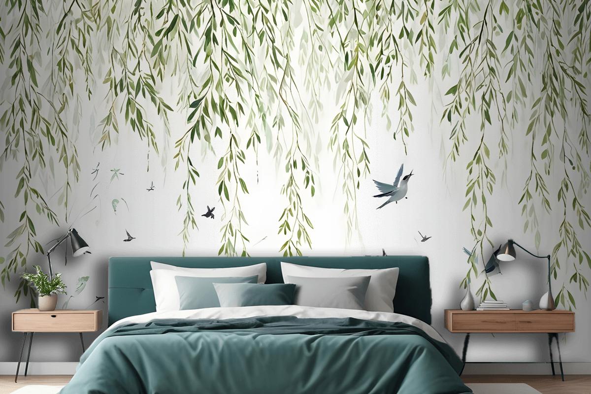 Green Hanging Leaves With Colorful Birds Wallpaper Mural