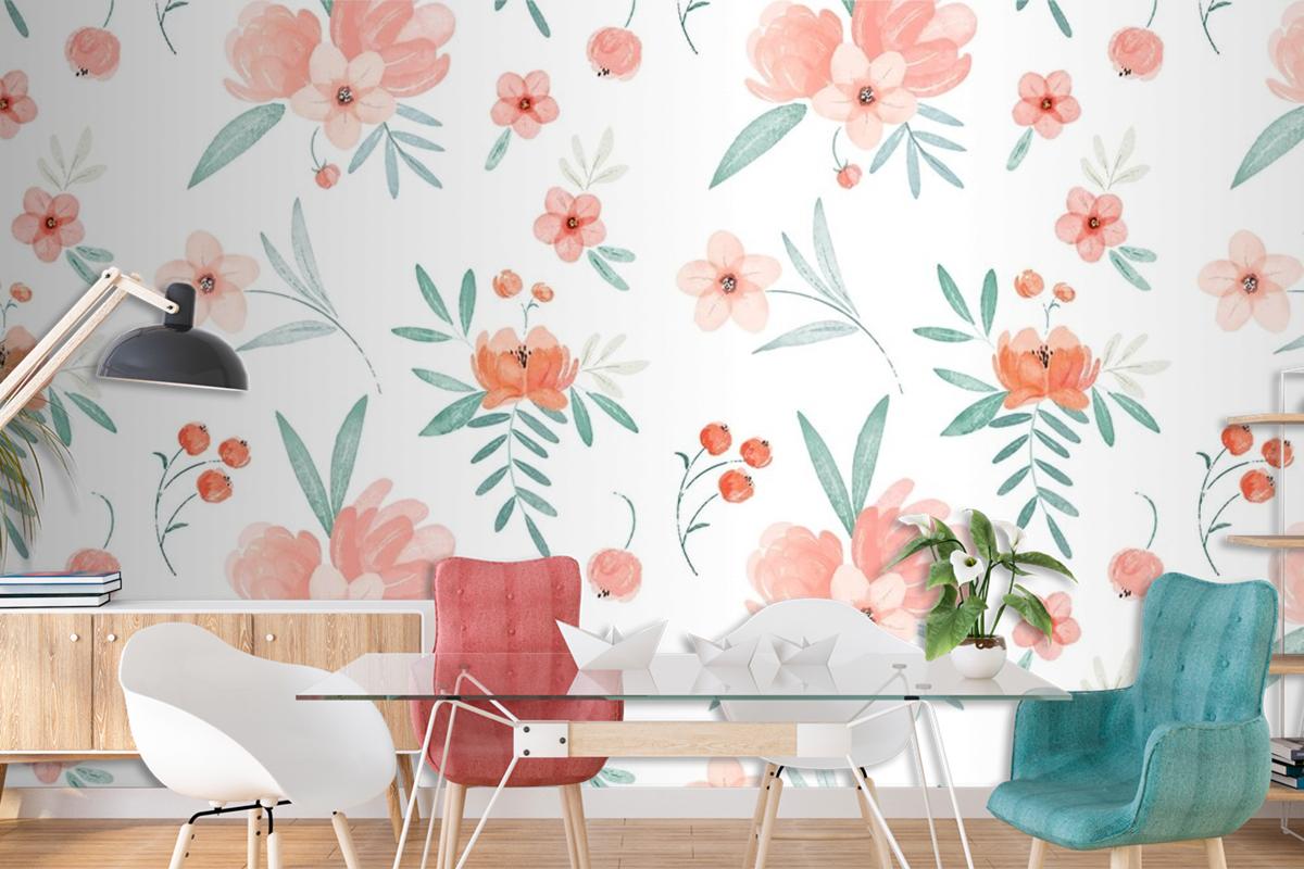 Hand Painted Watercolor Floral Pattern In Peach Tones Wallpaper Mural