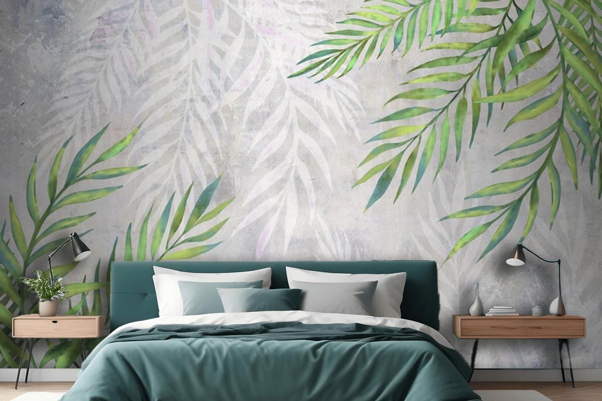 Leaves In The Corners On A Light Textured Bedroom Wallpaper Mural