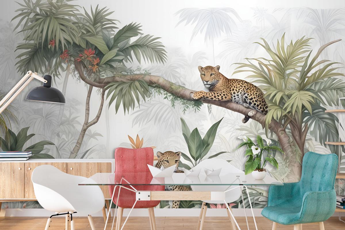 Leopards And Tropical Leaves Wallpaper Mural