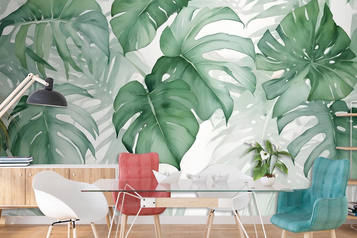 Light Green Tropical Leaves Wallpaper Mural