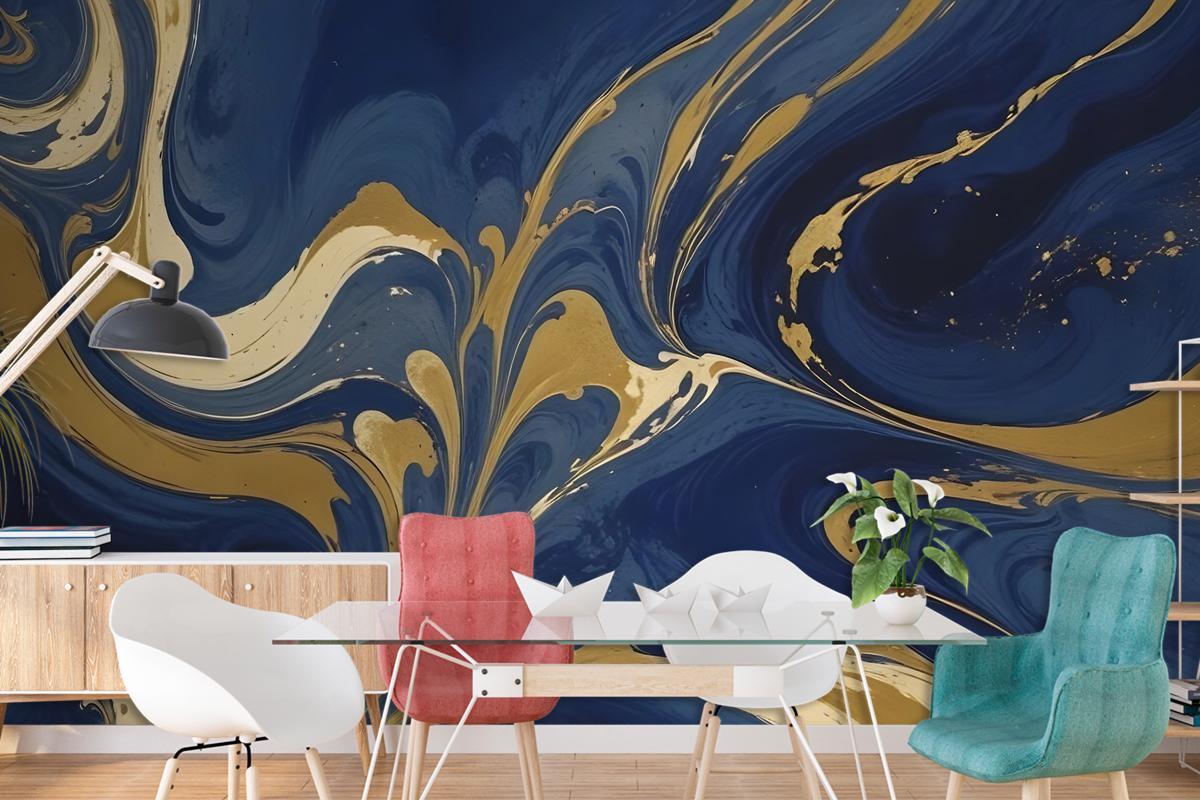 Liquid Abstract Marble Art Gold Blue Gradient Wallpaper Mural