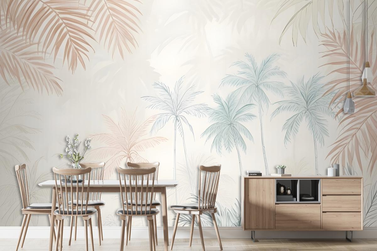 Minimalist Pink & Green Inky Tropical Wallpaper Mural