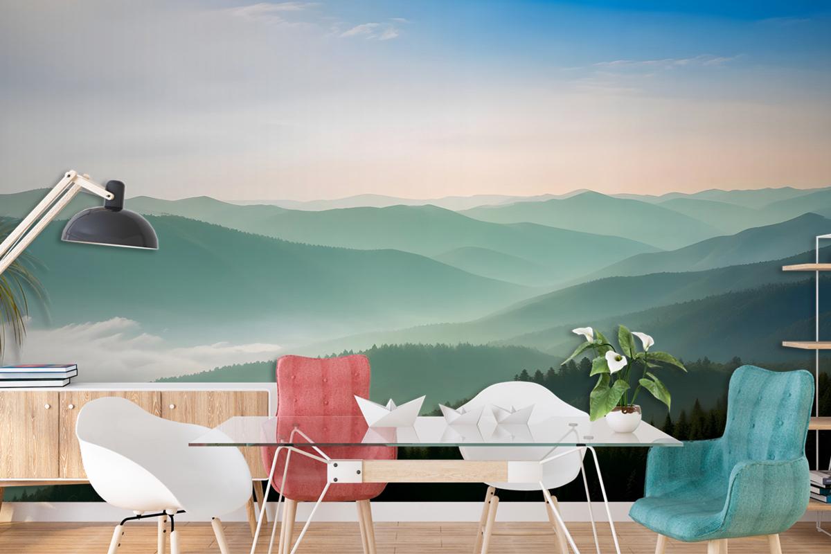 Misty Mountain Green Forest Scenic Wallpaper Mural