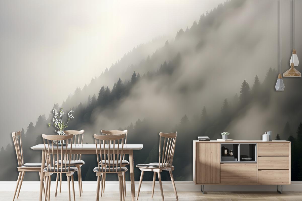 Misty Mountain Landscape With Dense Fog Covering The Forested Slopes Wallpaper Mural