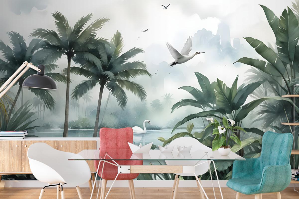 Misty Tropical Forest With Lake Wallpaper Mural