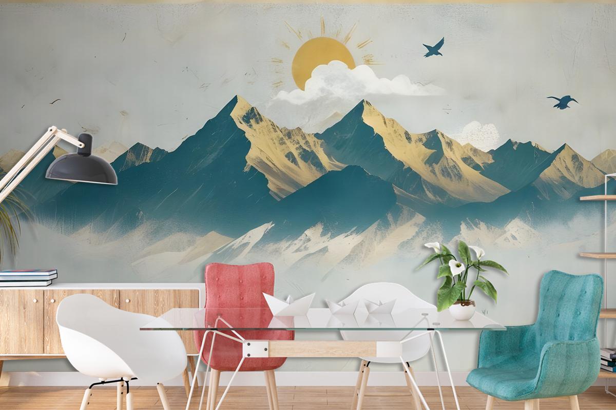 Mountain Sunrise Landscape And Old Plaid Texture Wallpaper Mural
