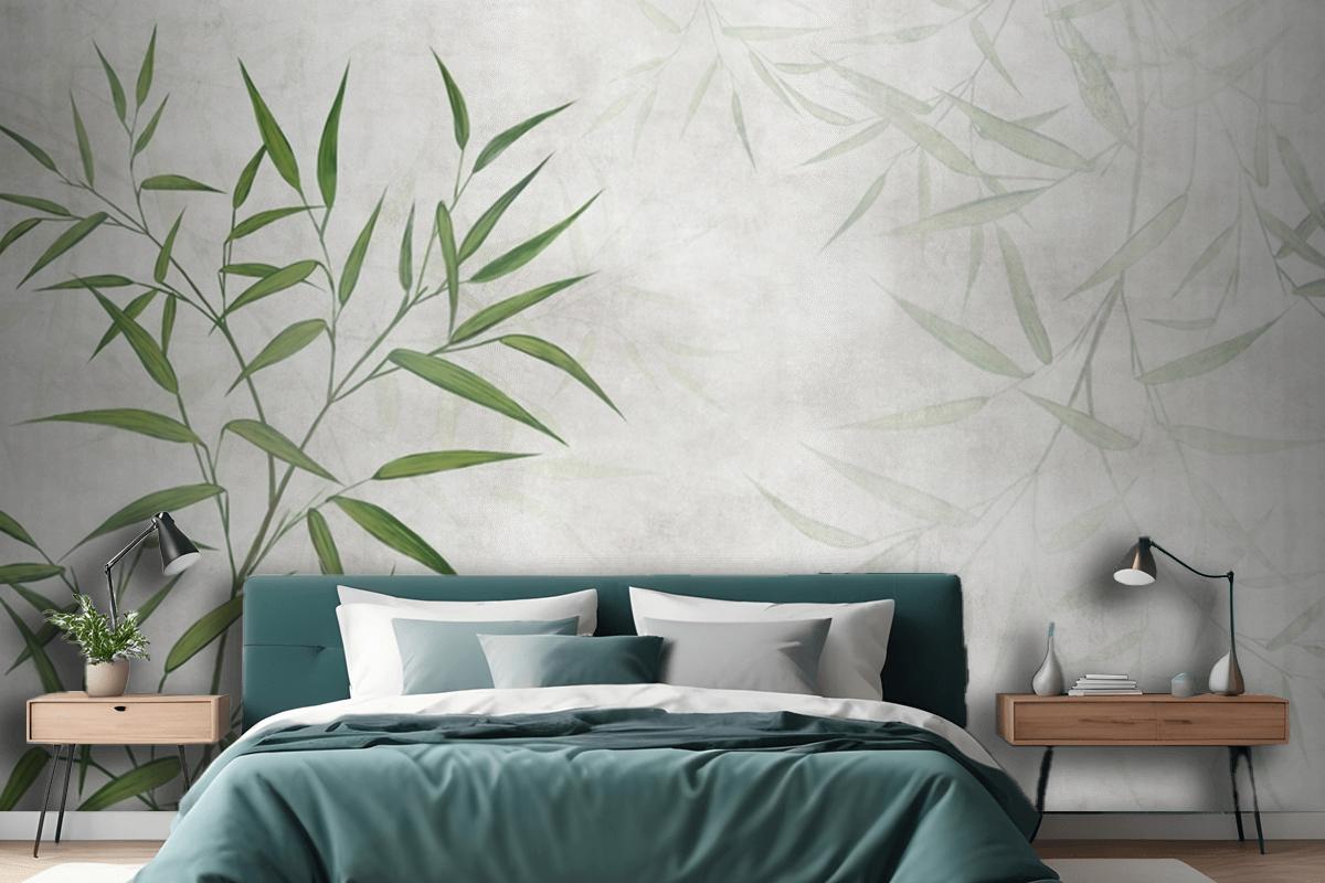 Painted Reed Bamboo Leaves On A Textured Background Bedroom Wallpaper Mural