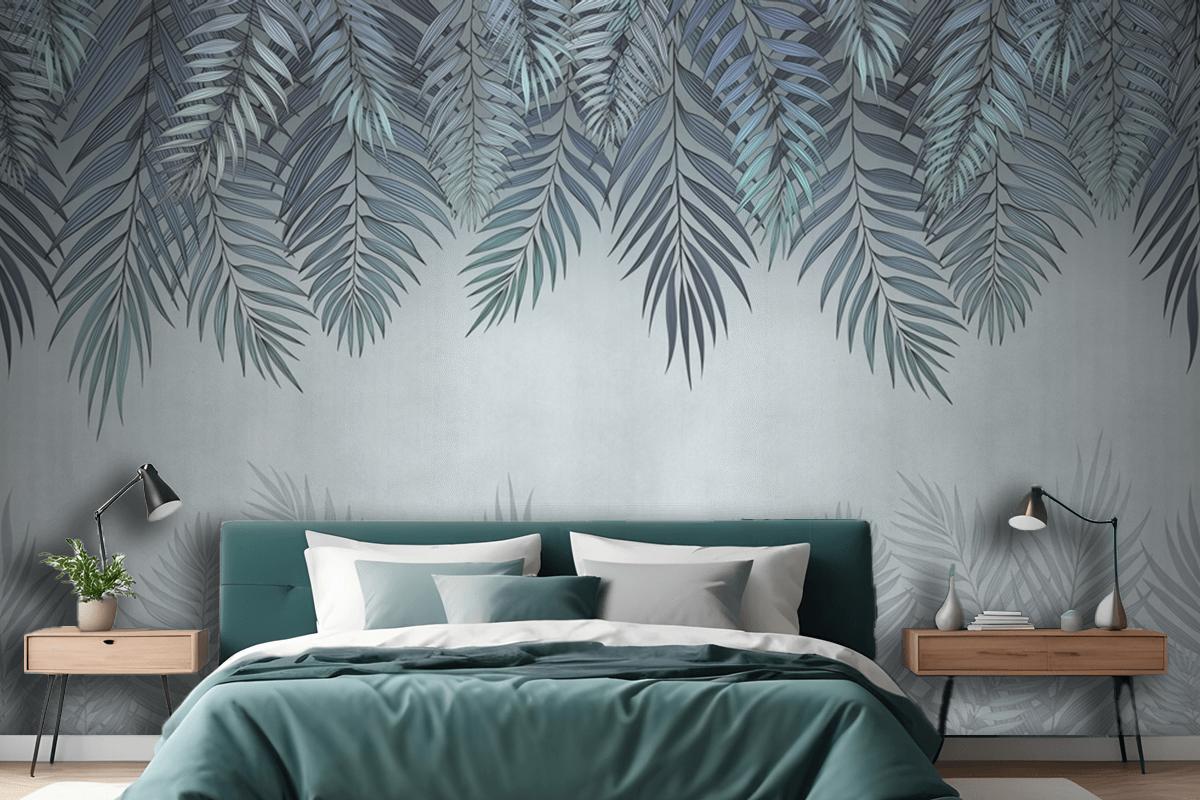Palm Leaves In Pale Blue Flowers Bedroom Wallpaper Mural