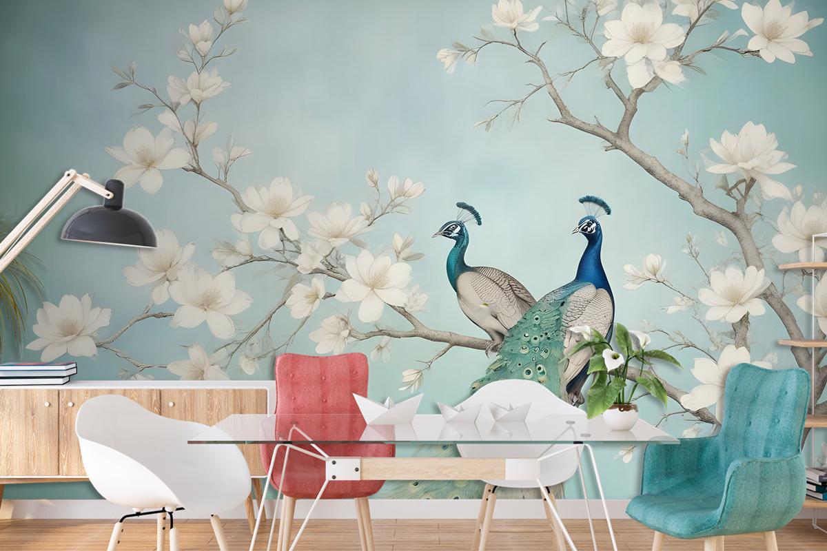 Peacock With Magnolia Blossom Wallpaper Mural