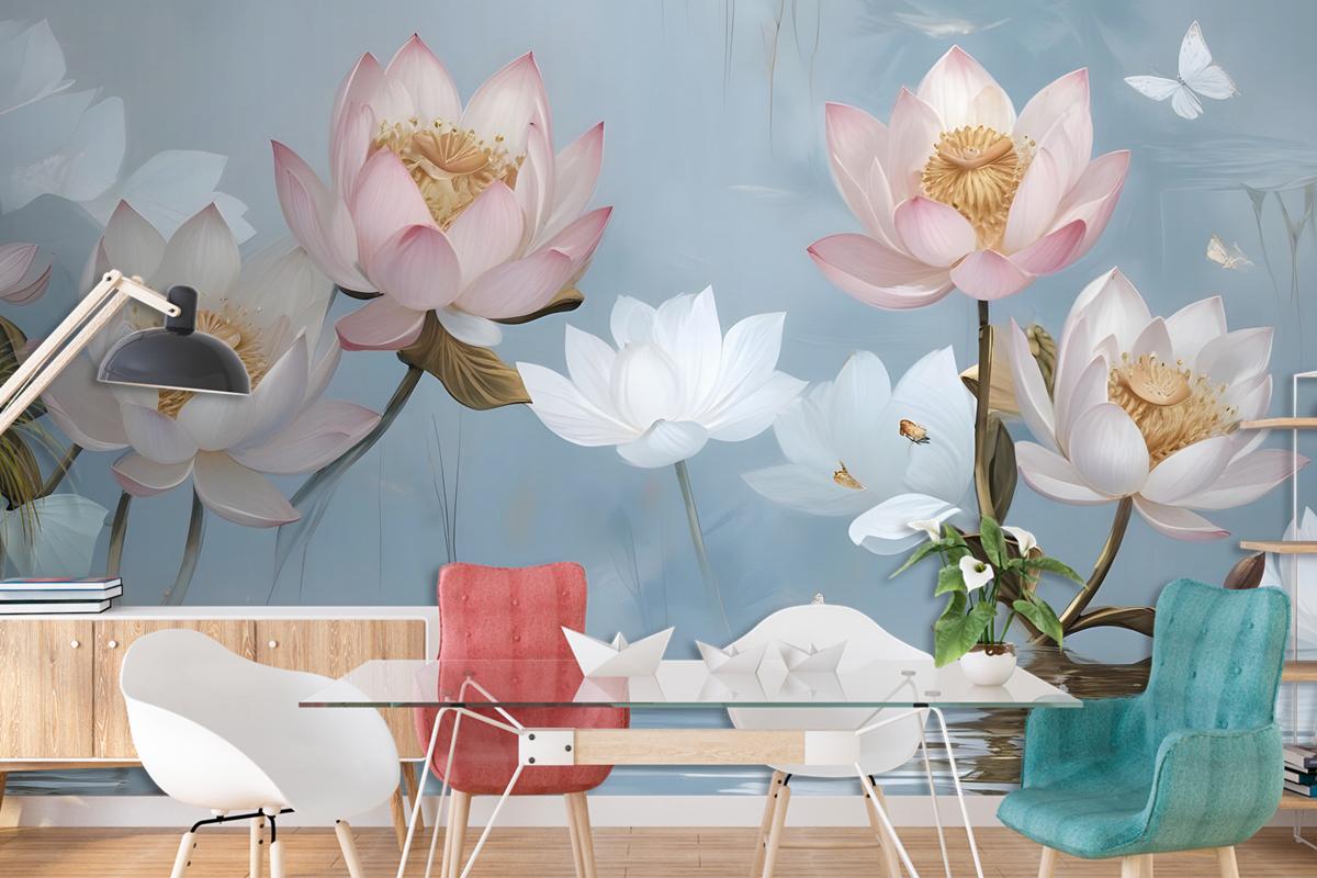 Pearl Lotus Flower And Little Butterfly Wallpaper Mural