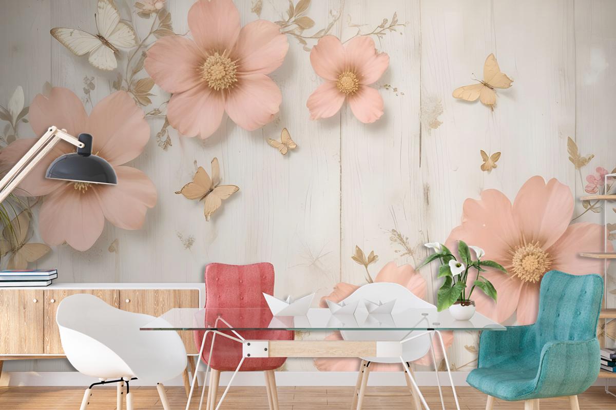 Pink Diamond Daisy With Butterflies Wallpaper Mural