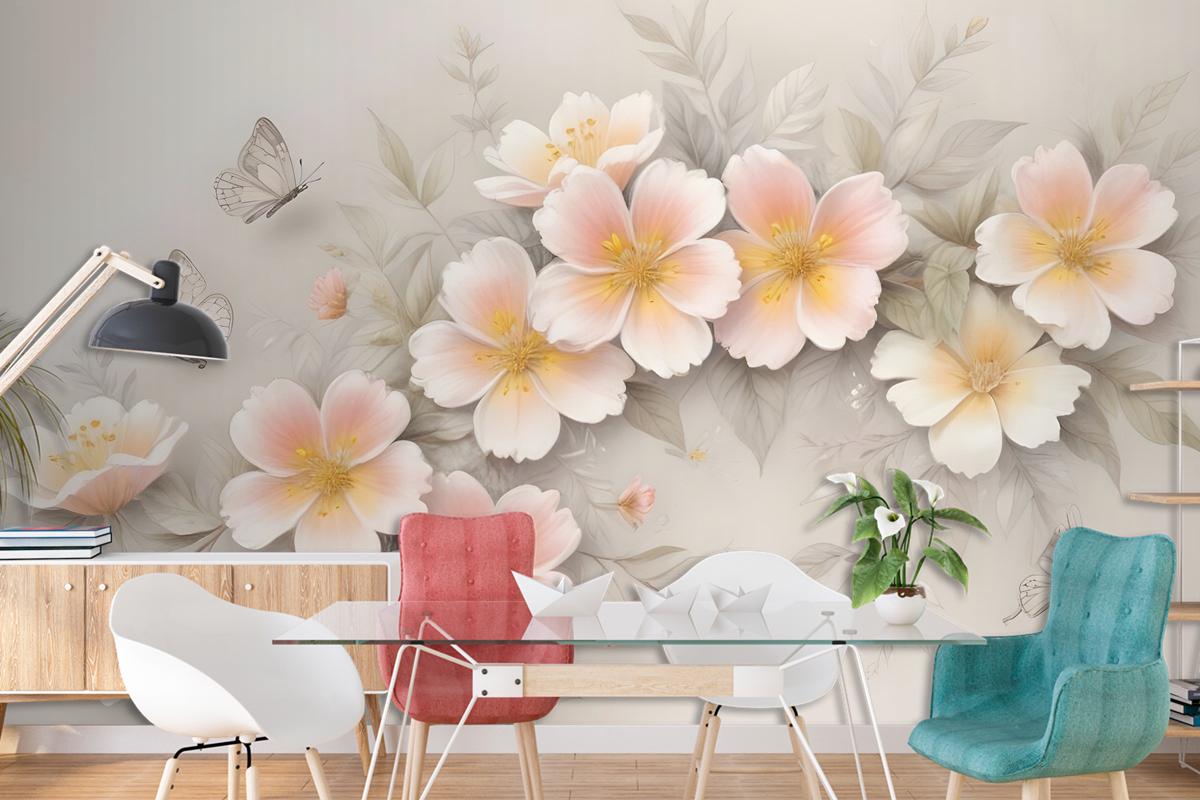 Pink Flower And White Butterfly Wallpaper Mural