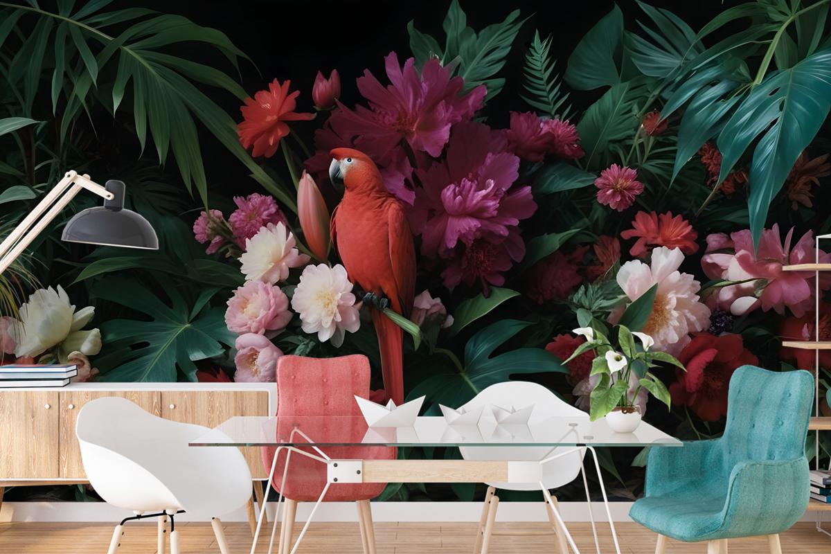 Red Parrot With Colorful Floral Wallpaper Mural