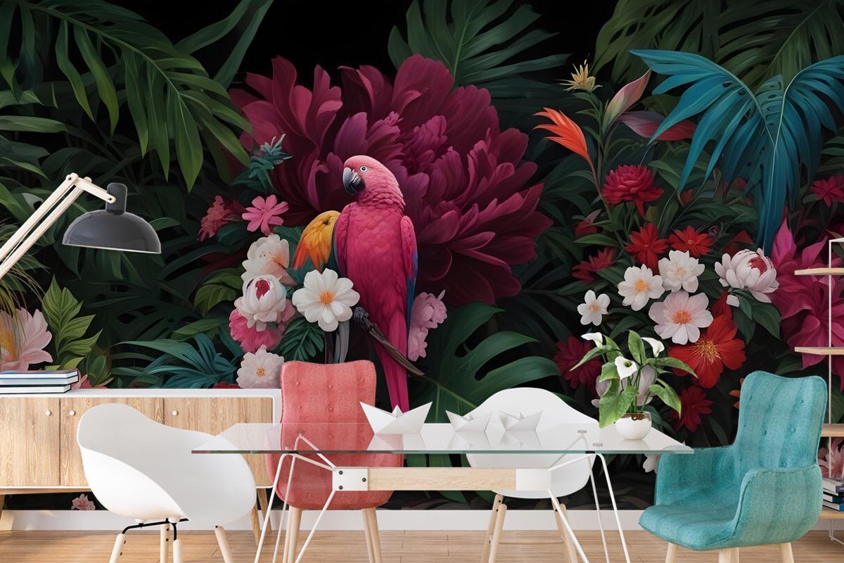 Pink Parrot With Colorful Floral Wallpaper Mural