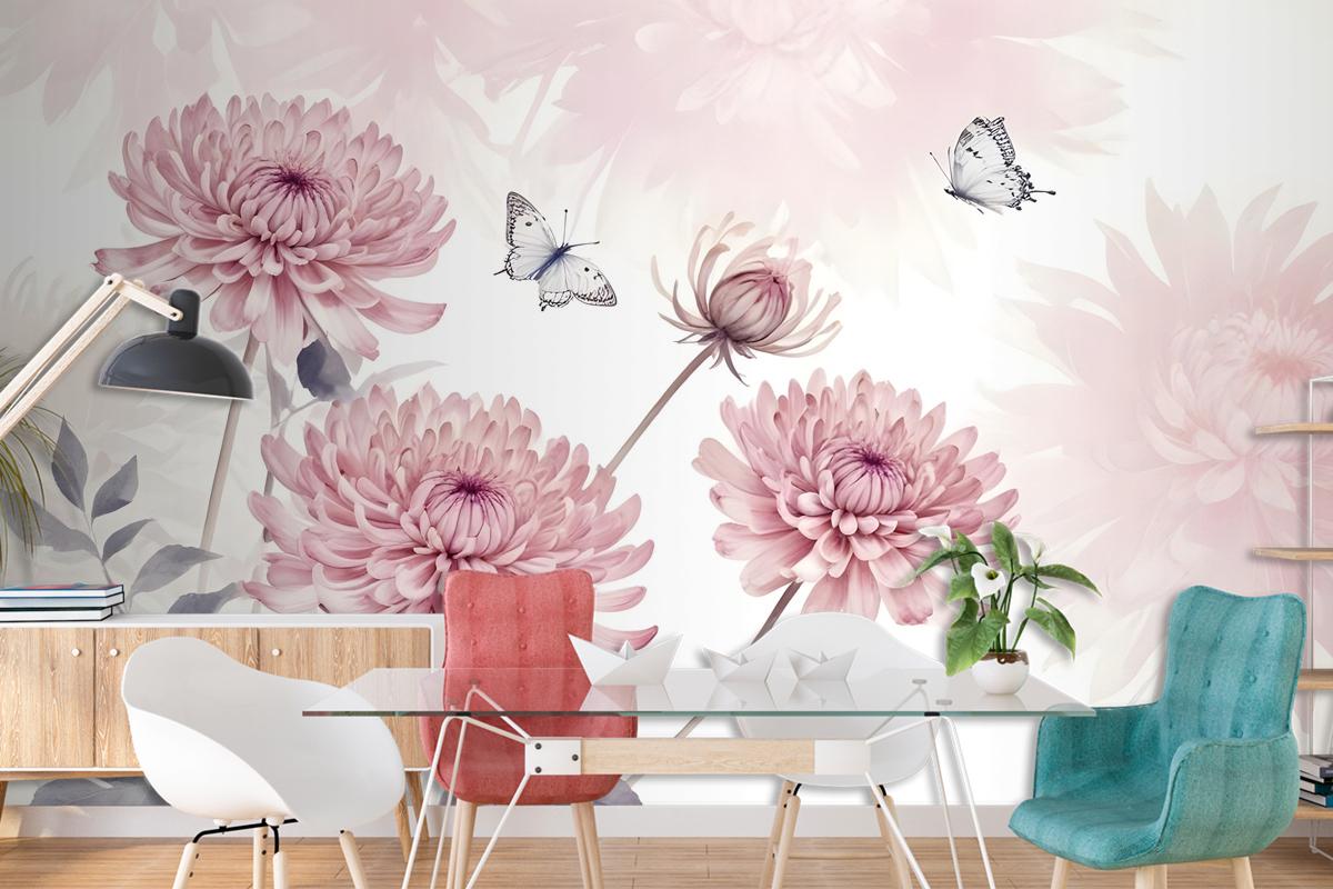 Retro Watercolor Pink Dandelion Flower Art Wallpaper Mural