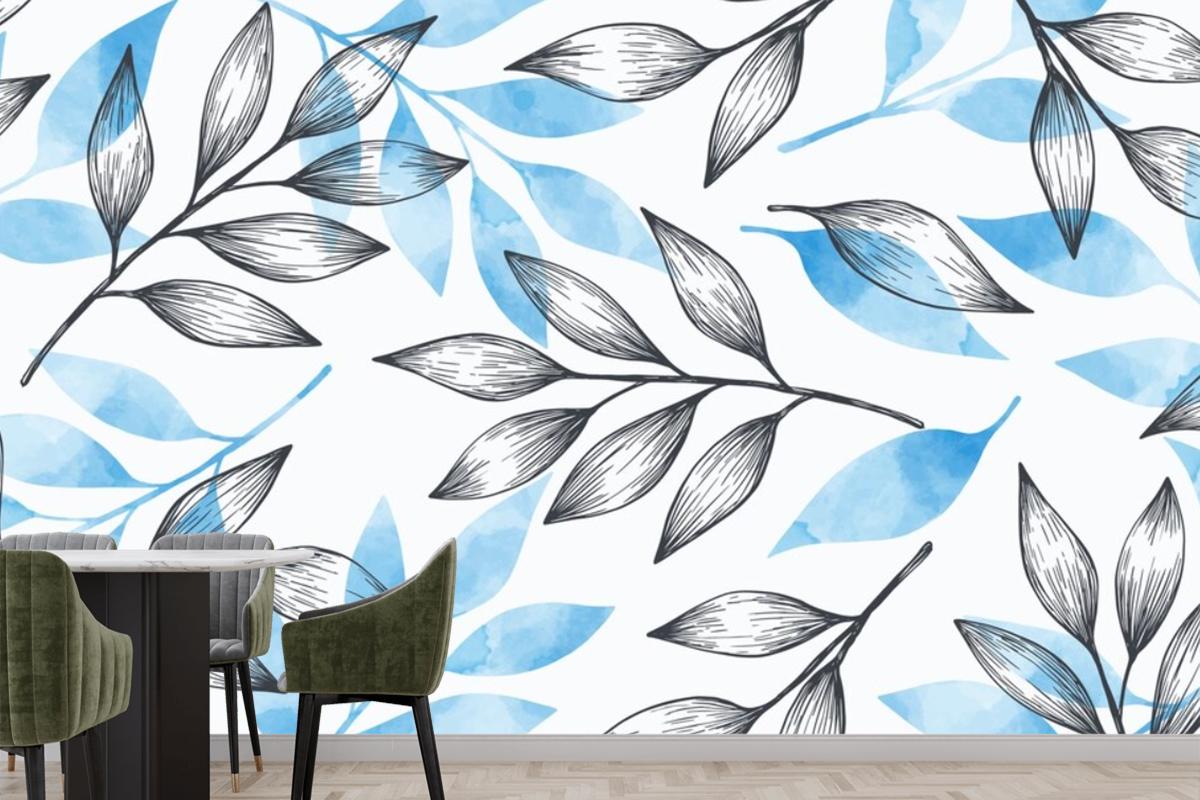 Simple Background With Gray And Blue Leaves Wallpaper Mural